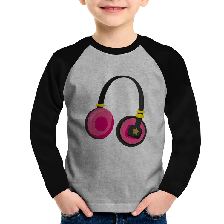 Camiseta Raglan Infantil Headphone Rosa Manga Longa - Cinza/Preto
