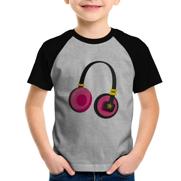 Camiseta Raglan Infantil Headphone Rosa - Cinza/Preto