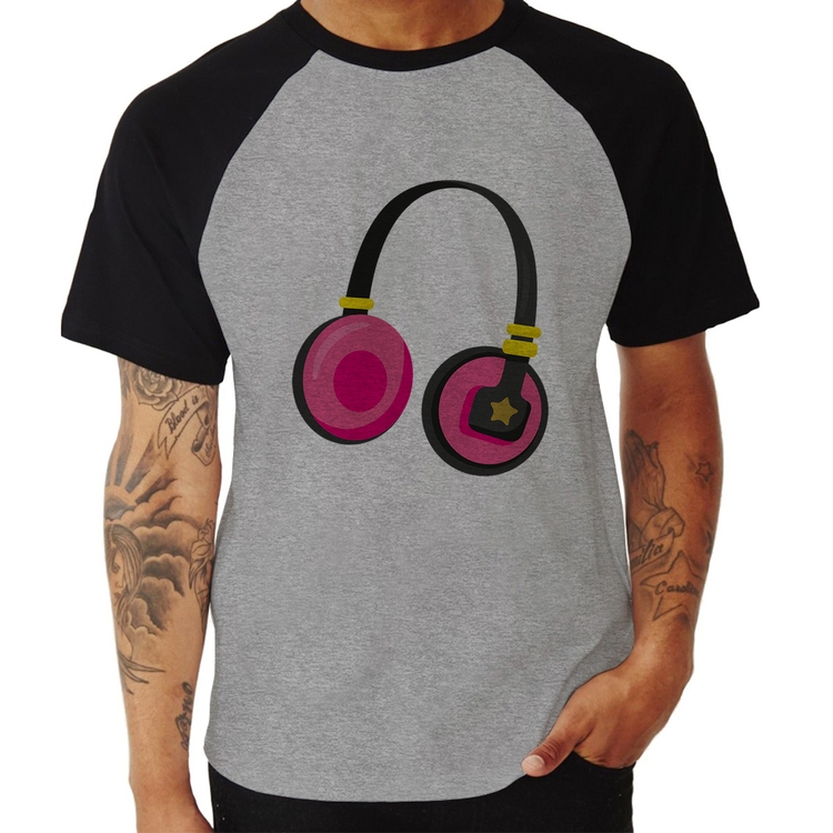 Camiseta Raglan Headphone Rosa - Cinza/Preto