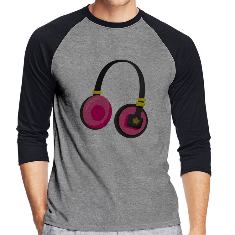 Camiseta Raglan Headphone Rosa Manga 3/4 - Cinza/Preto