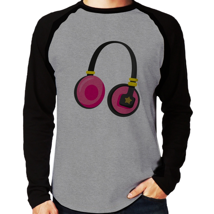 Camiseta Raglan Headphone Rosa Manga Longa - Cinza/Preto