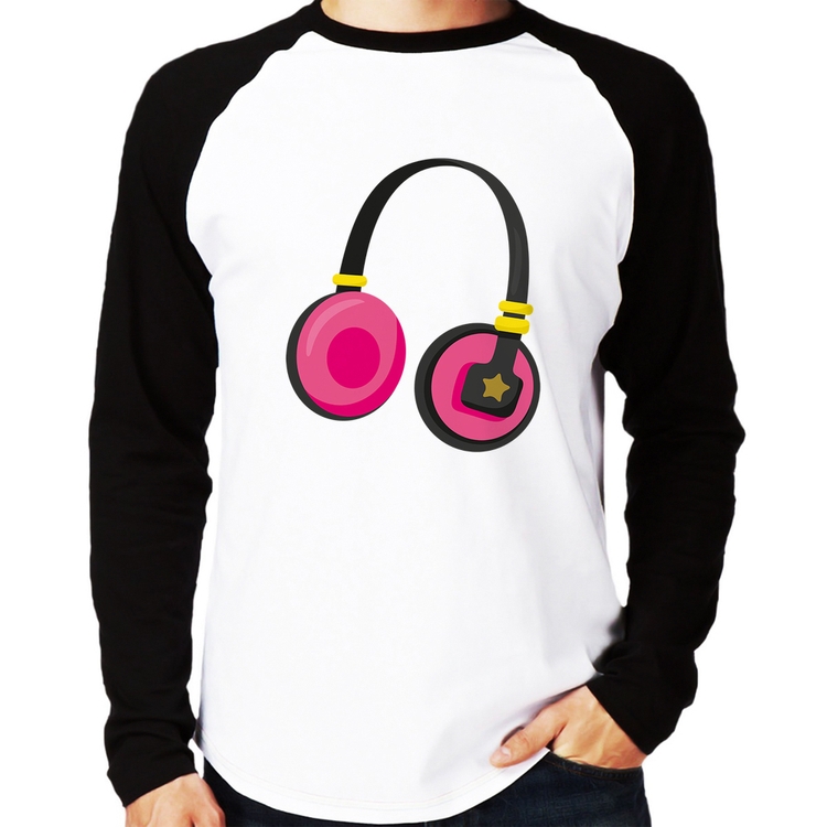 Camiseta Raglan Headphone Rosa Manga Longa