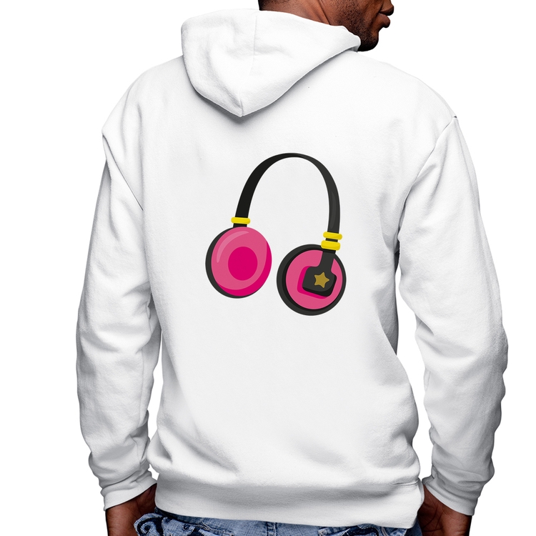Blusa Moletom Headphone Rosa Masculina com Capuz e Zíper - Branca
