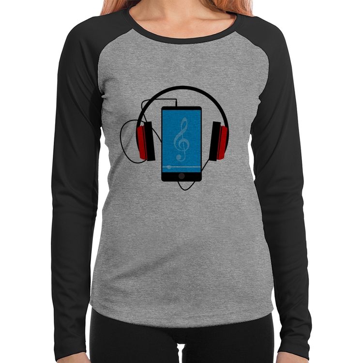 Baby Look Raglan Headphone Smartphone Manga Longa - Cinza/Preto