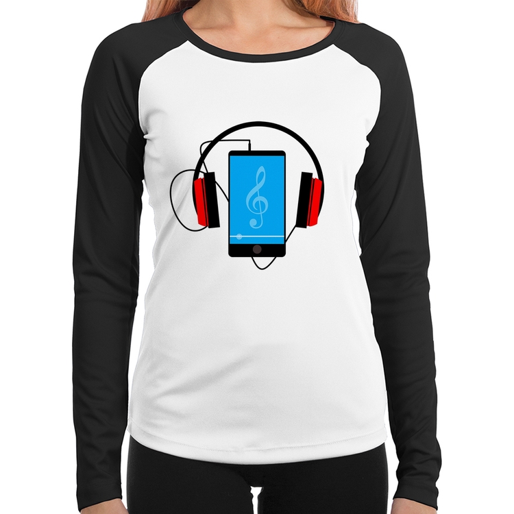 Baby Look Raglan Headphone Smartphone Manga Longa