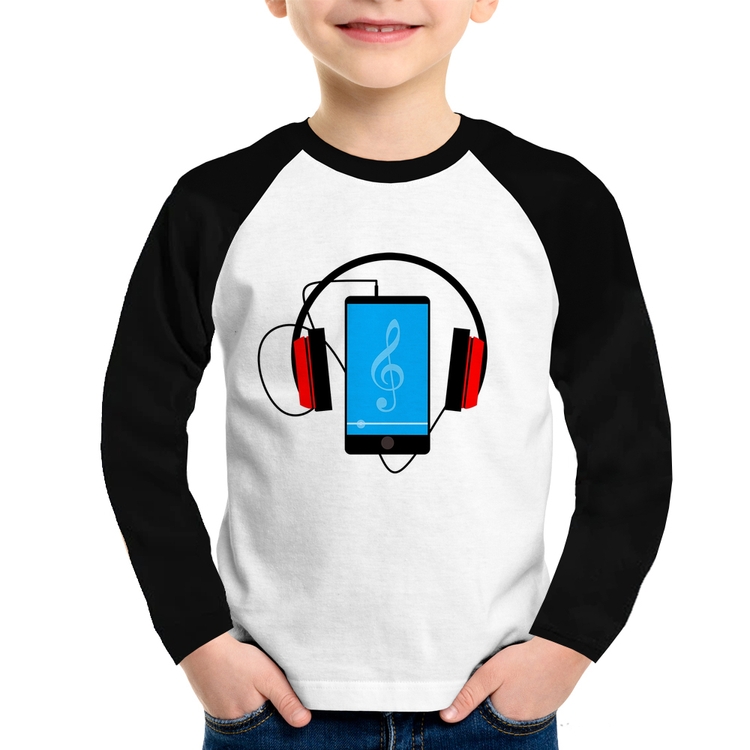 Camiseta Raglan Infantil Headphone Smartphone Manga Longa