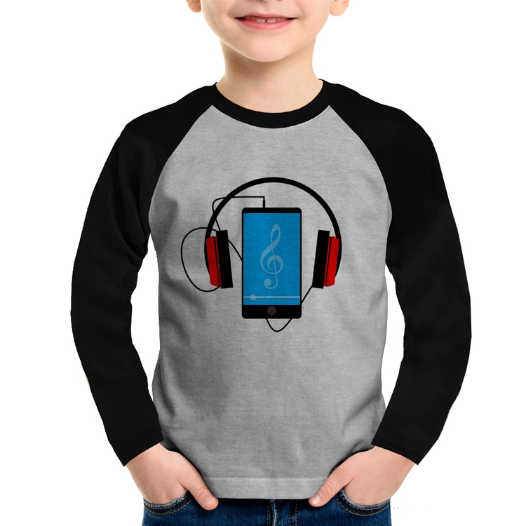 Camiseta Raglan Infantil Headphone Smartphone Manga Longa - Cinza/Preto