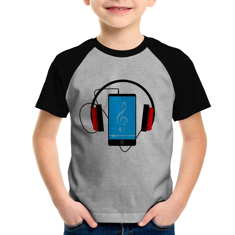 Camiseta Raglan Infantil Headphone Smartphone - Cinza/Preto