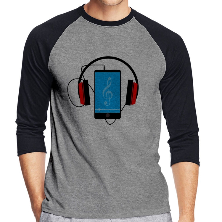 Camiseta Raglan Headphone Smartphone Manga 3/4 - Cinza/Preto