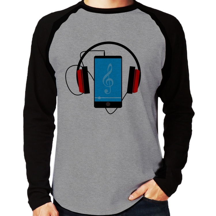 Camiseta Raglan Headphone Smartphone Manga Longa - Cinza/Preto