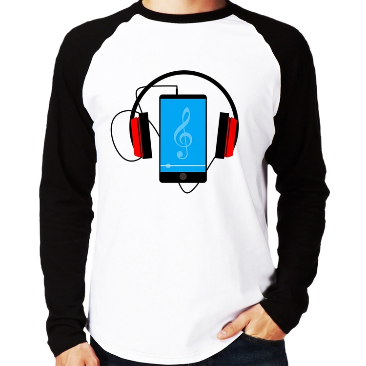 Camiseta Raglan Headphone Smartphone Manga Longa