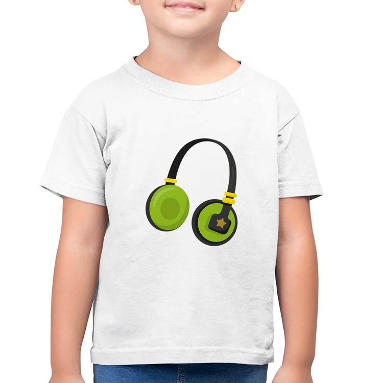 Camiseta Algodão Infantil Headphone Verde - Branca