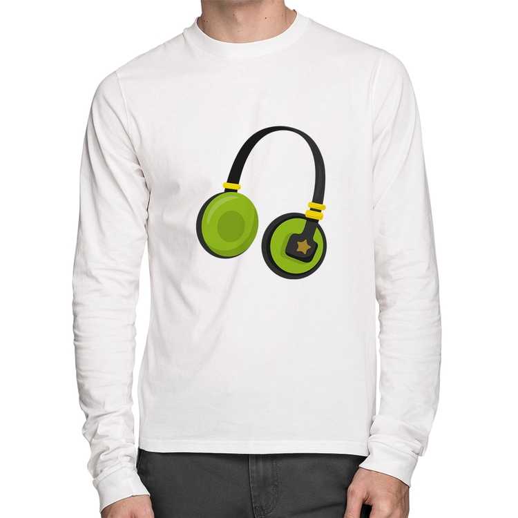 Camiseta Algodão Headphone Verde Manga Longa - Branca