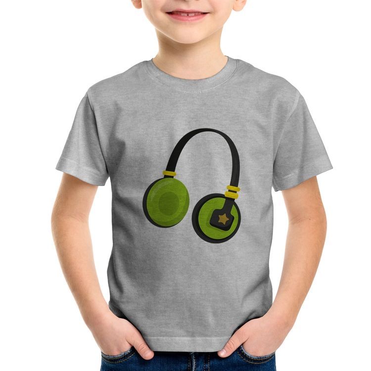 Camiseta Infantil Headphone Verde - Cinza