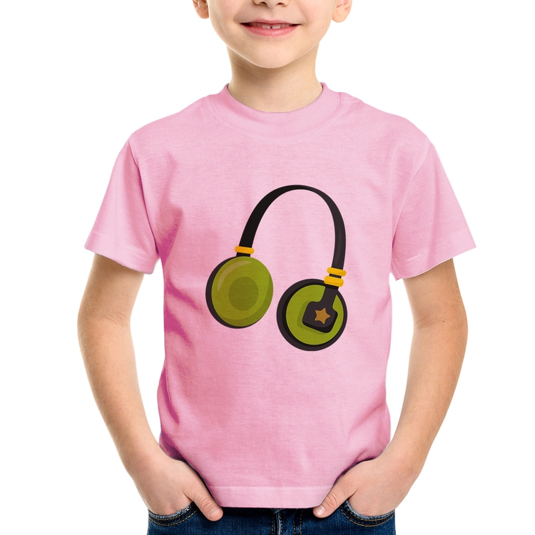 Camiseta Infantil Headphone Verde - Rosa Bebê