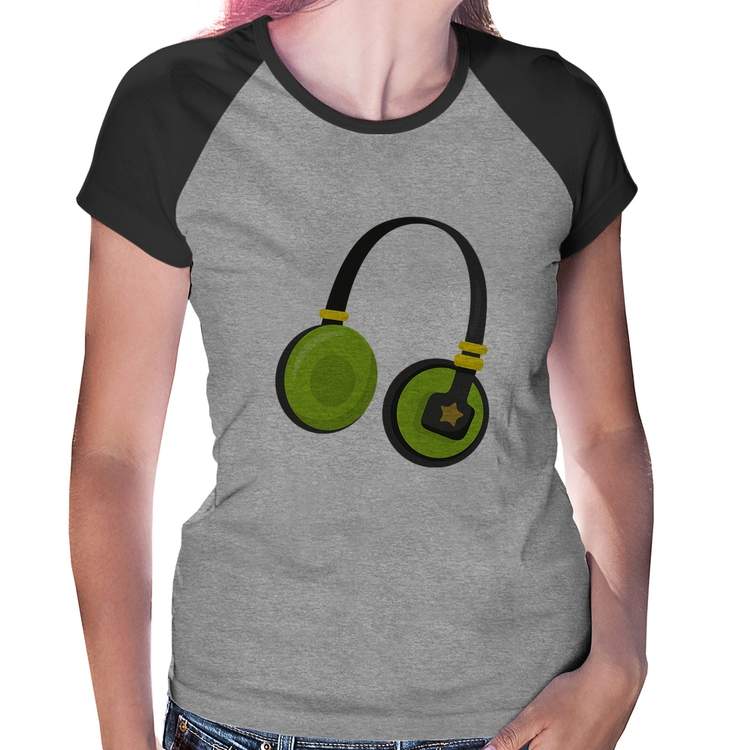 Baby Look Raglan Headphone Verde - Cinza/Preto