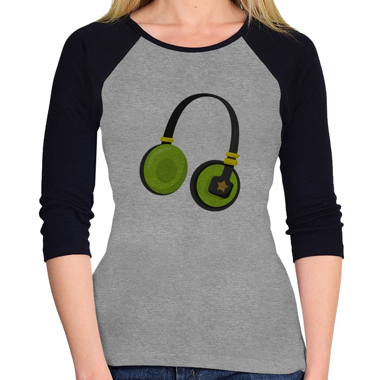 Baby Look Raglan Headphone Verde Manga 3/4 - Cinza/Preto