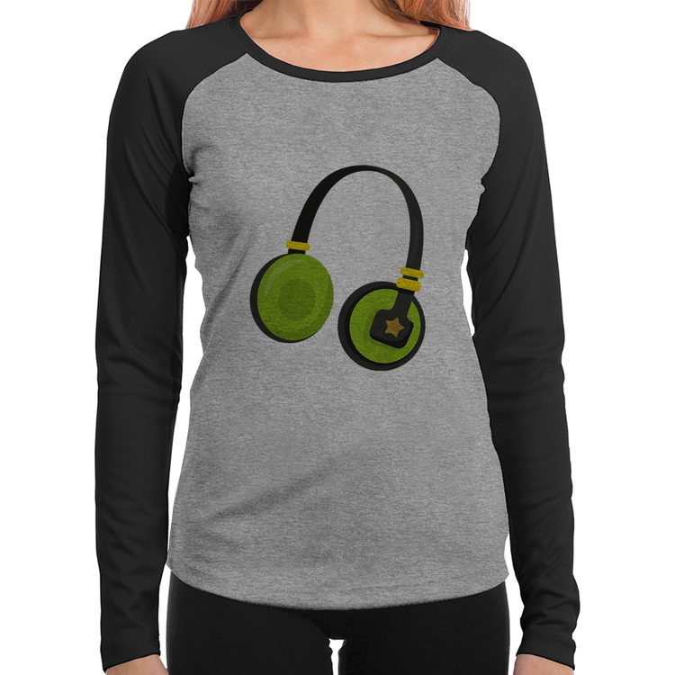 Baby Look Raglan Headphone Verde Manga Longa - Cinza/Preto
