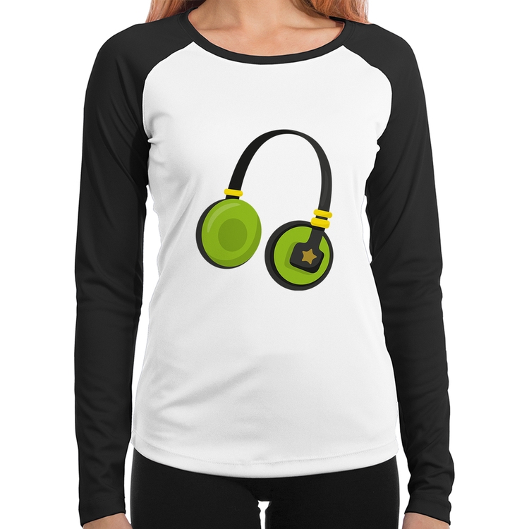 Baby Look Raglan Headphone Verde Manga Longa
