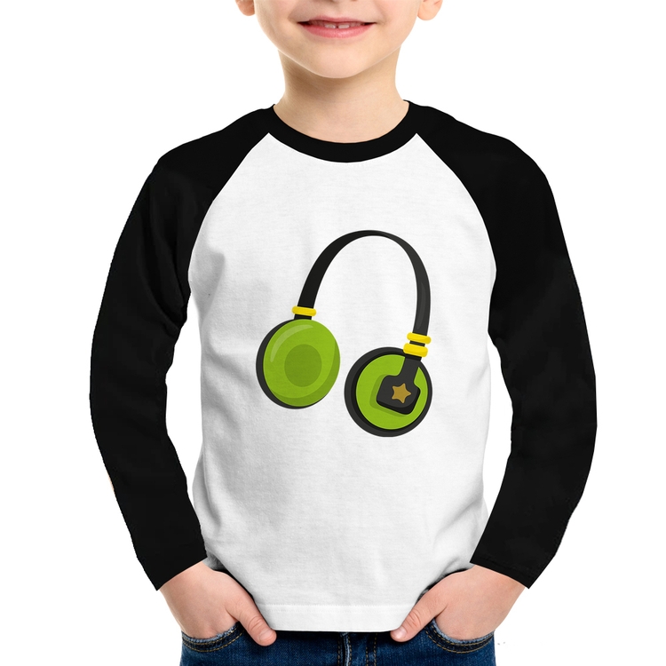 Camiseta Raglan Infantil Headphone Verde Manga Longa