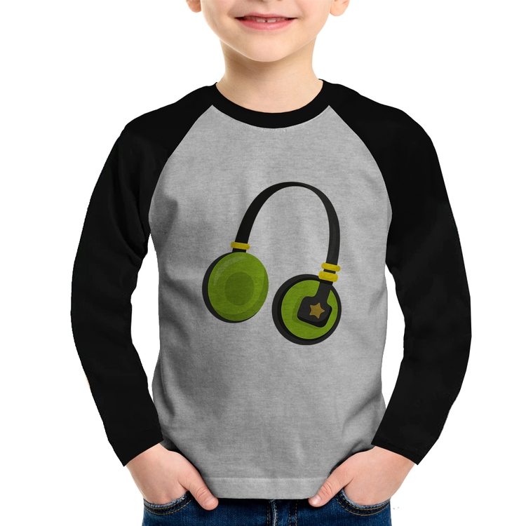 Camiseta Raglan Infantil Headphone Verde Manga Longa - Cinza/Preto