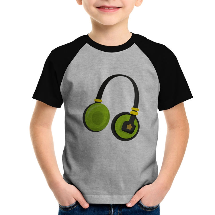 Camiseta Raglan Infantil Headphone Verde - Cinza/Preto