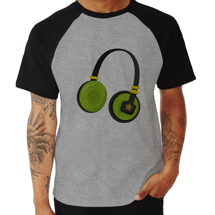 Camiseta Raglan Headphone Verde - Cinza/Preto