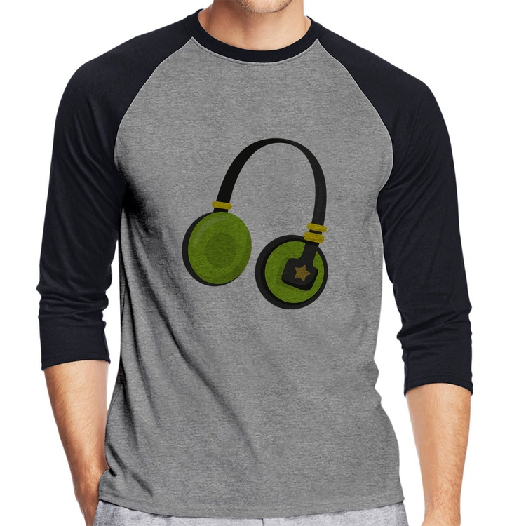 Camiseta Raglan Headphone Verde Manga 3/4 - Cinza/Preto