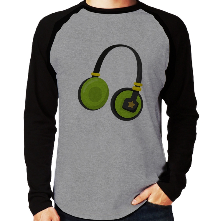 Camiseta Raglan Headphone Verde Manga Longa - Cinza/Preto