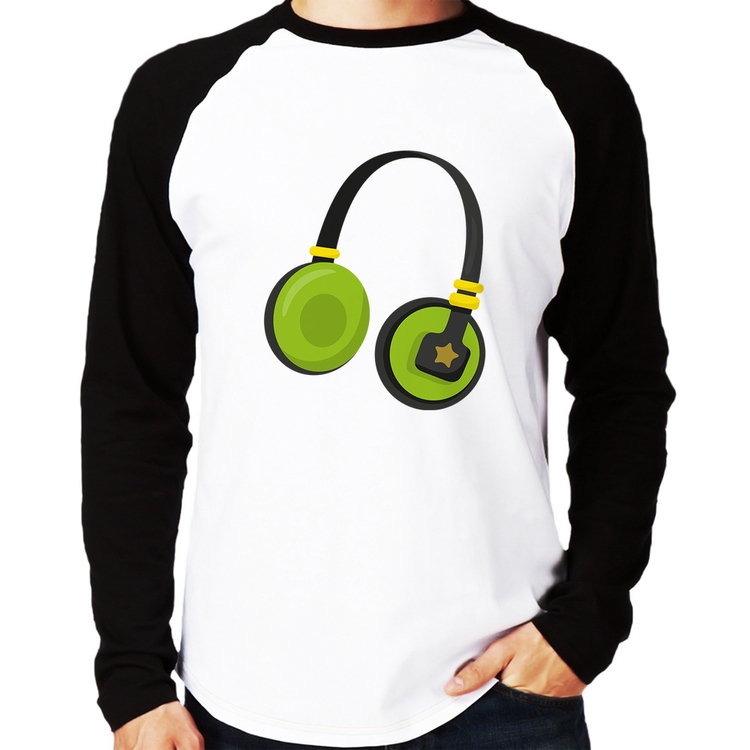 Camiseta Raglan Headphone Verde Manga Longa