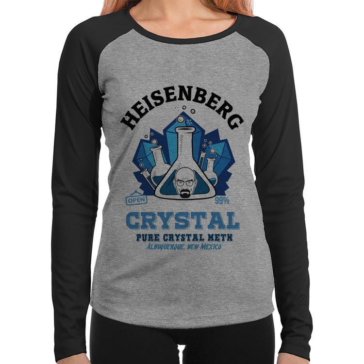 Baby Look Raglan Heisenberg Crystal Manga Longa - Cinza/Preto