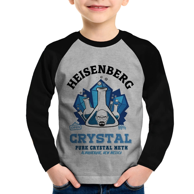 Camiseta Raglan Infantil Heisenberg Crystal Manga Longa - Cinza/Preto