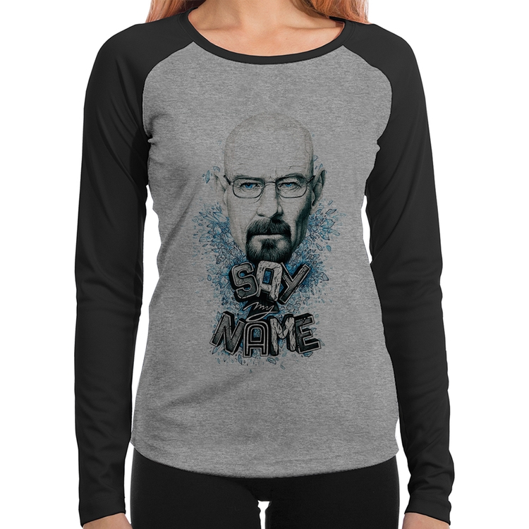Baby Look Raglan Heisenberg Say My Name Manga Longa - Cinza/Preto