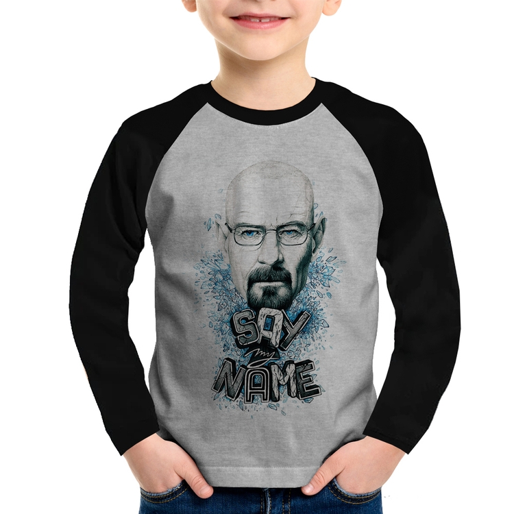 Camiseta Raglan Infantil Heisenberg Say My Name Manga Longa - Cinza/Preto