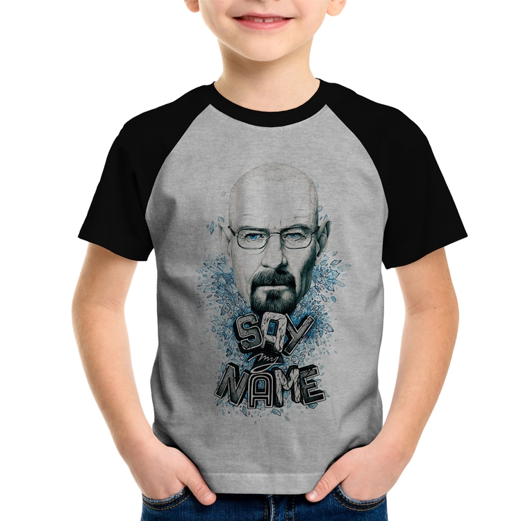 Camiseta Raglan Infantil Heisenberg Say My Name - Cinza/Preto