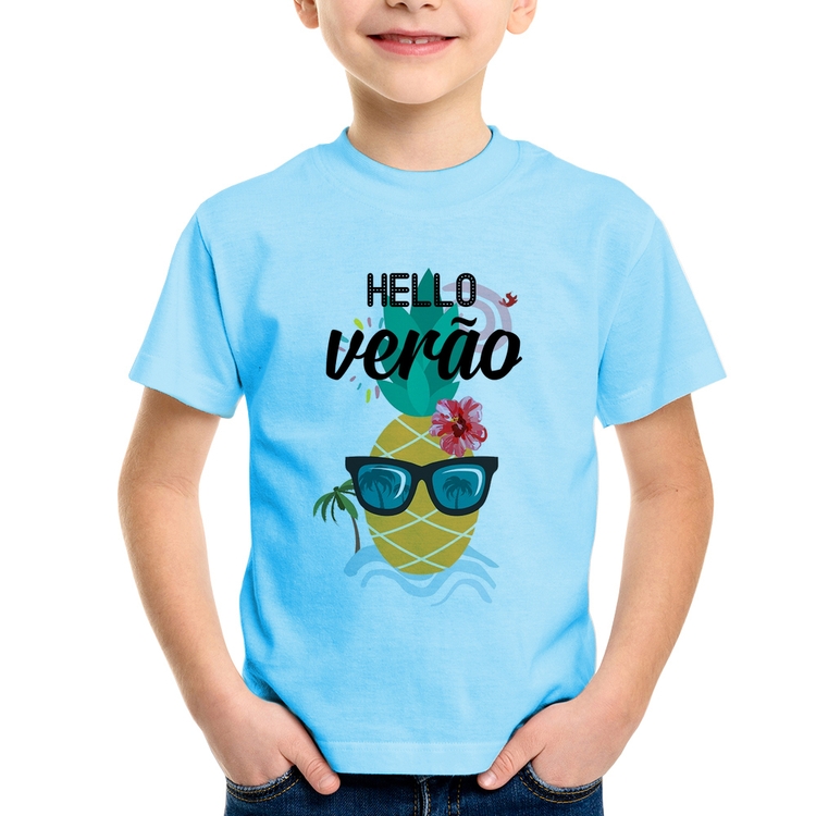 Camiseta Infantil Hello Verão - Azul Bebê