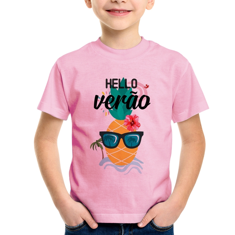 Camiseta Infantil Hello Verão - Rosa Bebê