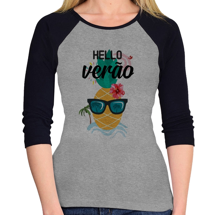 Baby Look Raglan Hello Verão Manga 3/4 - Cinza/Preto