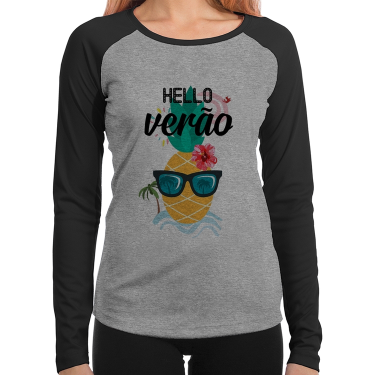 Baby Look Raglan Hello Verão Manga Longa - Cinza/Preto