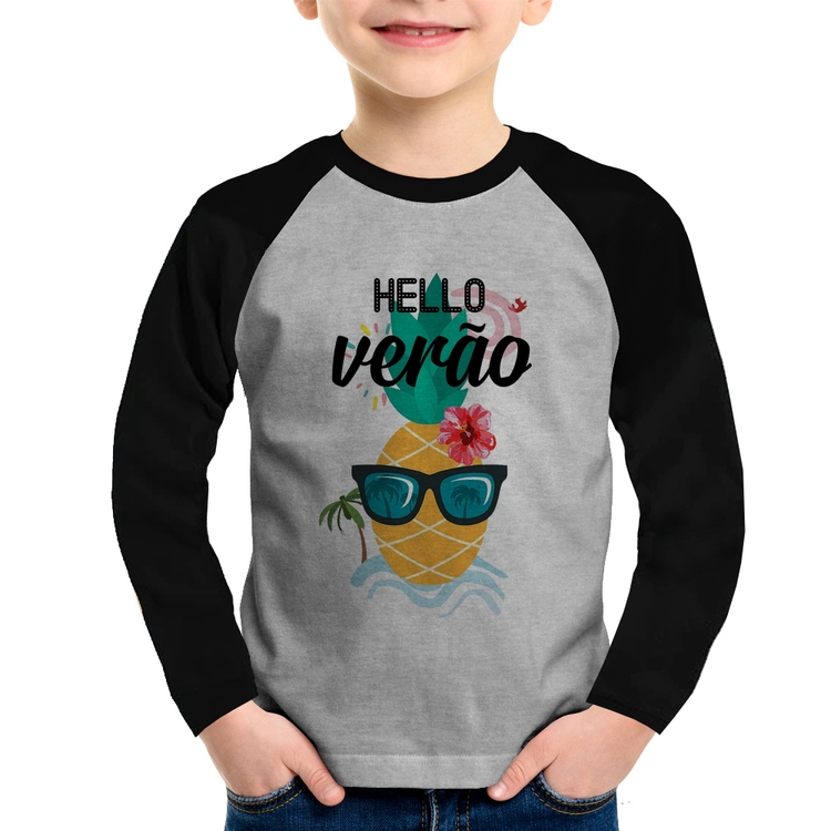 Camiseta Raglan Infantil Hello Verão Manga Longa - Cinza/Preto