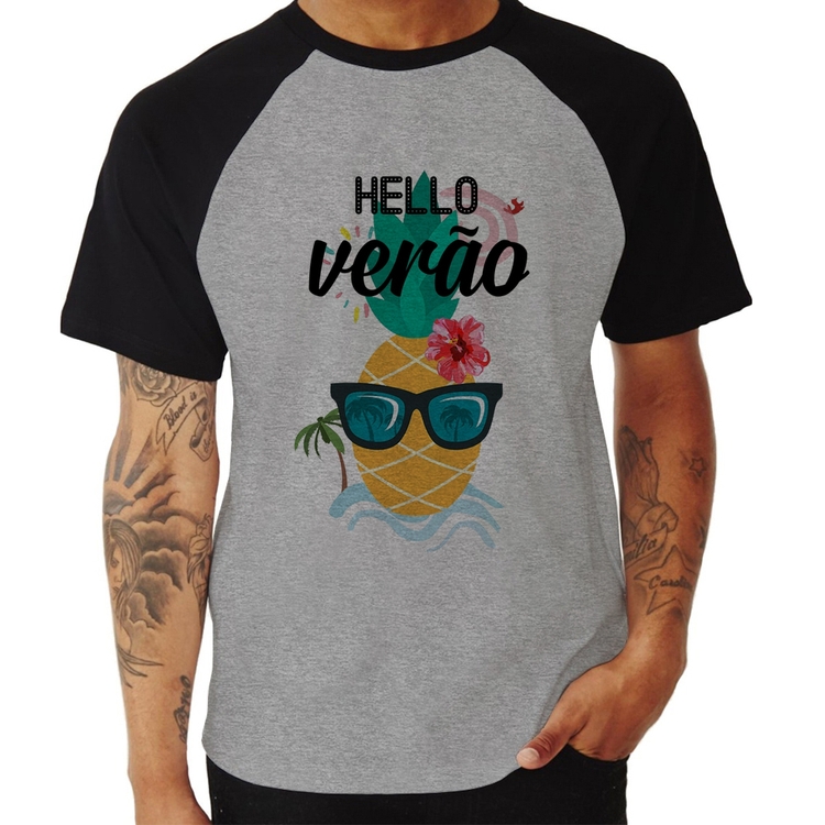Camiseta Raglan Hello Verão - Cinza/Preto