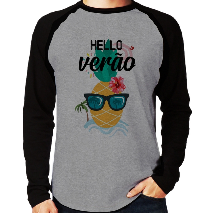 Camiseta Raglan Hello Verão Manga Longa - Cinza/Preto