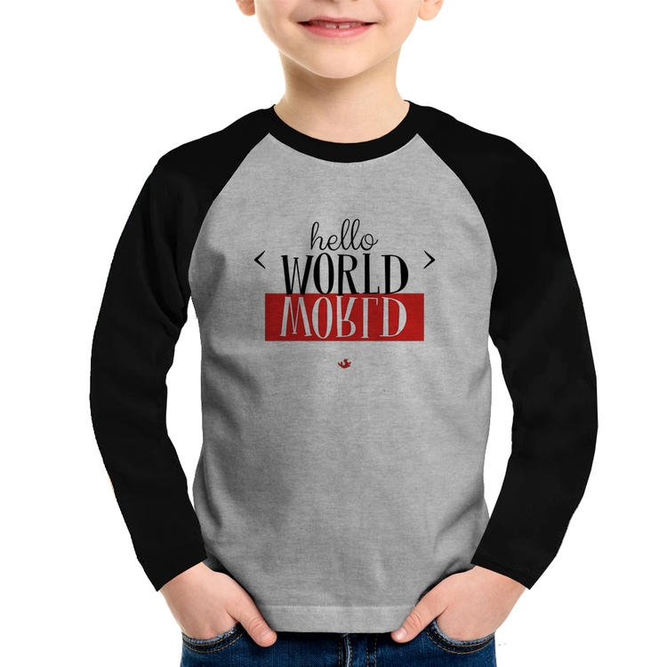 Camiseta Raglan Infantil Hello World Manga Longa - Cinza/Preto