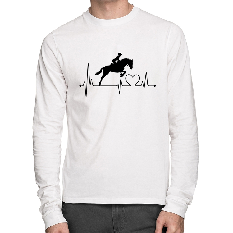 Camiseta Algodão Hipismo Batimentos Cardíacos Manga Longa - Branca