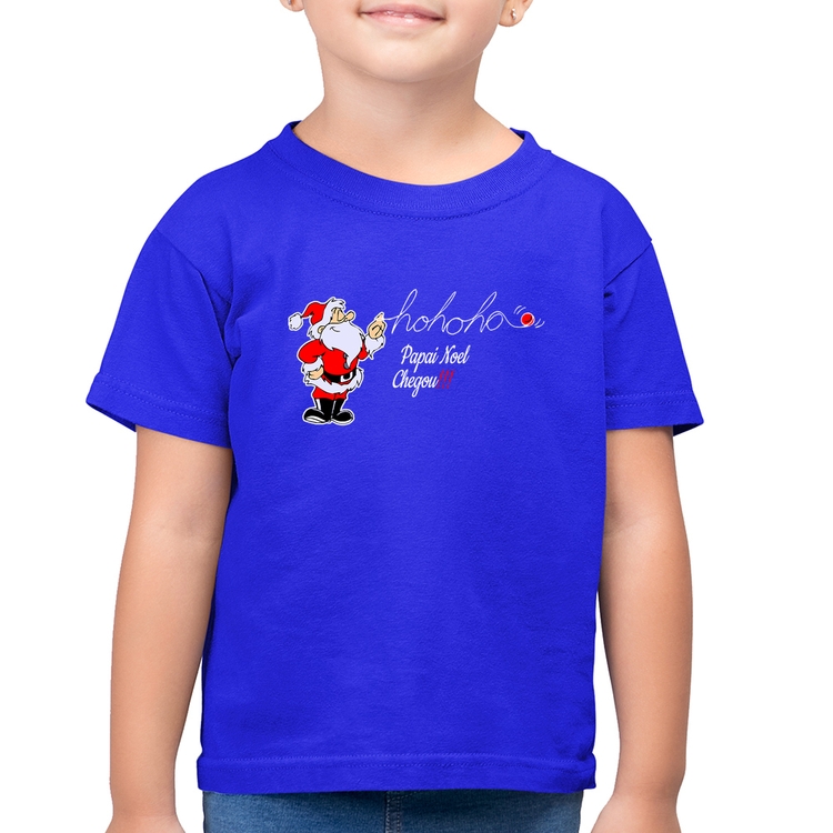 Camiseta Algodão Infantil Ho Ho Ho Papai Noel Chegou - Azul Royal