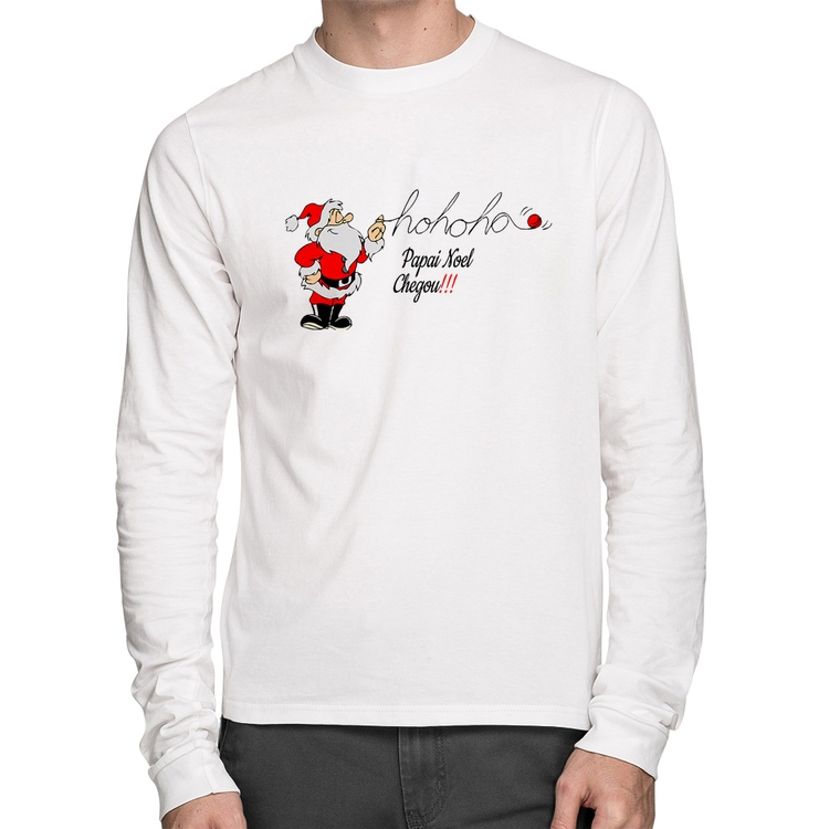 Camiseta Algodão Ho Ho Ho Papai Noel Chegou Manga Longa - Branca