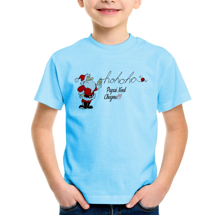 Camiseta Infantil Ho Ho Ho Papai Noel Chegou - Azul Bebê