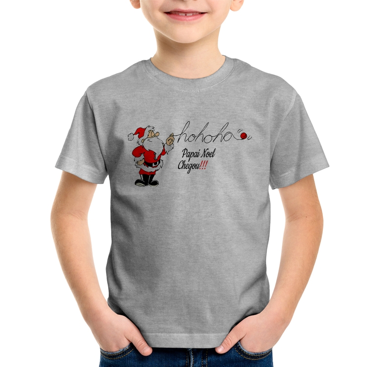 Camiseta Infantil Ho Ho Ho Papai Noel Chegou - Cinza