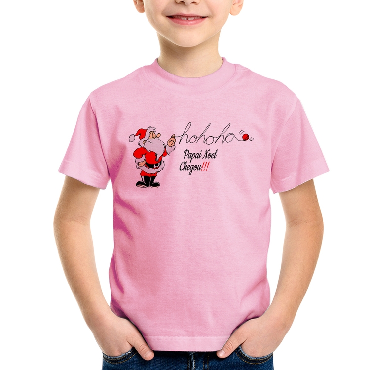 Camiseta Infantil Ho Ho Ho Papai Noel Chegou - Rosa Bebê