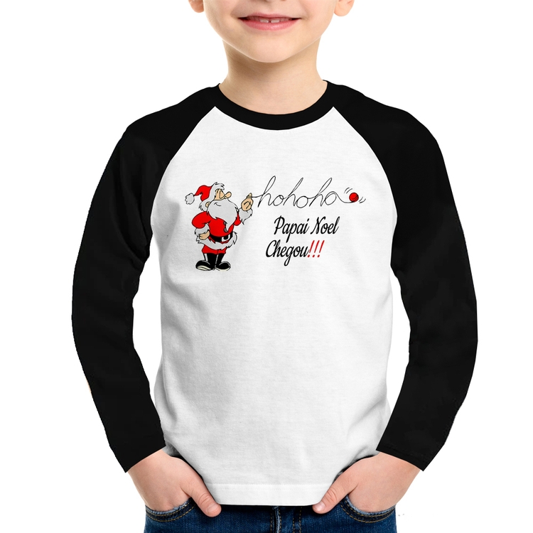 Camiseta Raglan Infantil Ho Ho Ho Papai Noel Chegou Manga Longa